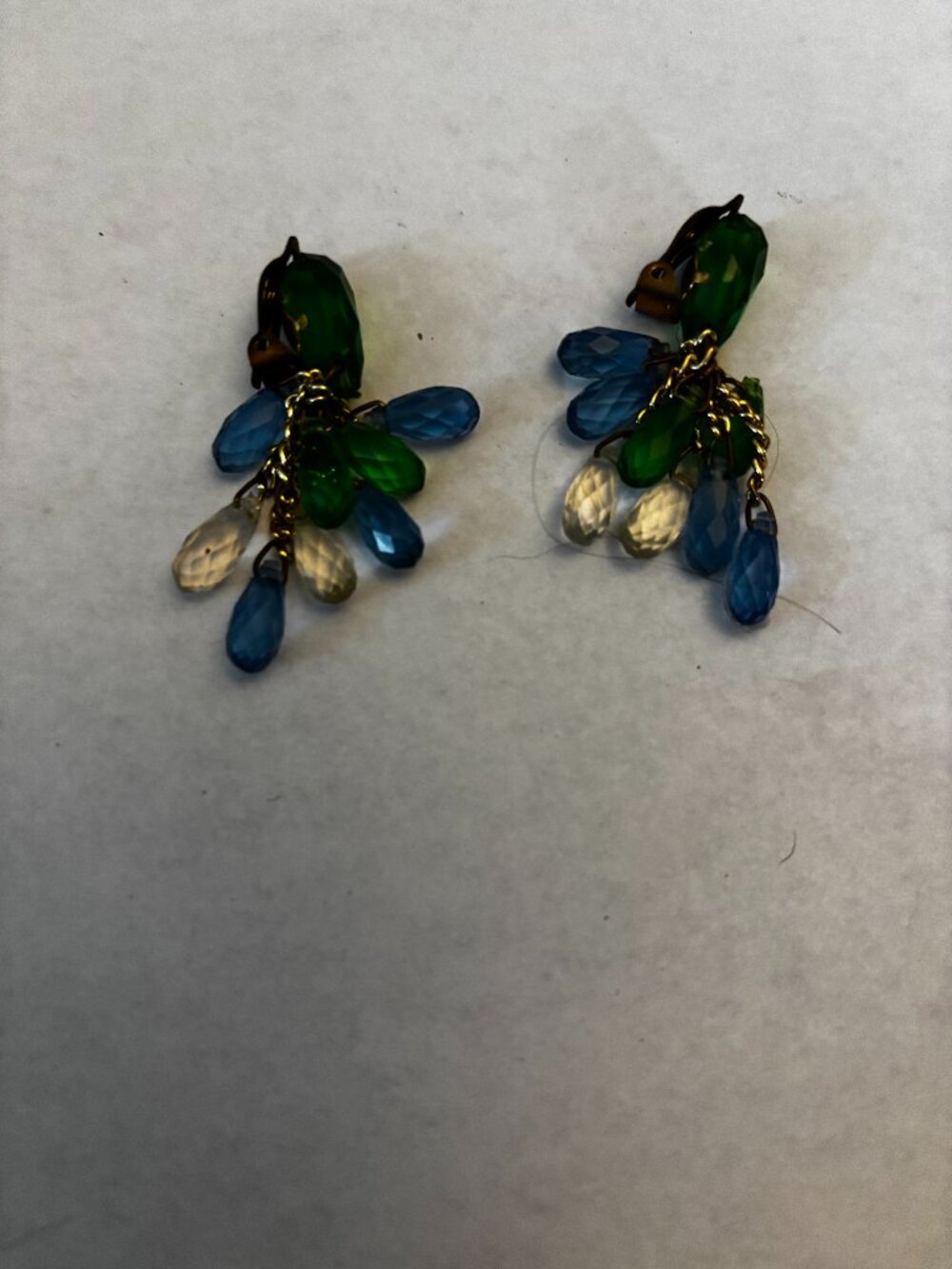 Clip on earrings gold tone blue green white lucite bead dangles